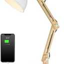 ELYONA White Desk Lamp with Wireless Charger, Solid Wood Table Lamp with USB C Charging Port, Swing Arm Reading Task Light with 5W LED Bulb for College Dorm, Office, Living Room, Bedroom, Farmhouse