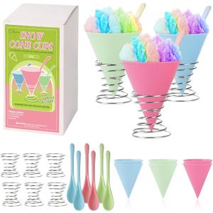 (6-pack) Calvana Reusable Plastic Snow Cone Cups Kit, Includes Leakproof Cups & Spoon Straws with Metal Holders, Compatible with Nostalgia & Cuisinart Snow Cone Machine, 6oz