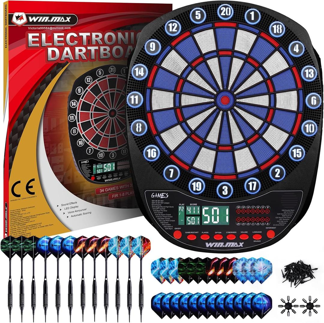 WIN.MAX Electronic Dart Board Soft Tip Dartboard Set LED Displays 3 Languages with 12 Darts 100 Tips Power Adapter