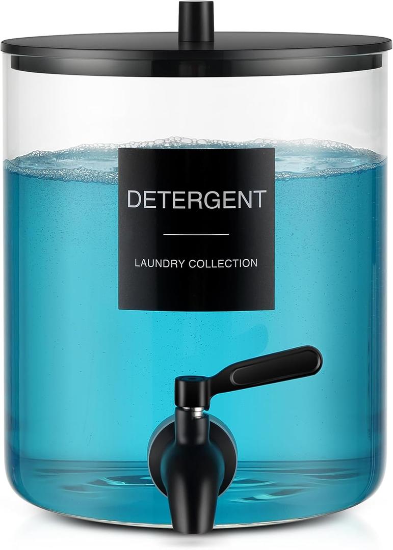 Glass Laundry Detergent Dispenser, 128 oz / 3.5L Fabric Softener Dispenser for Laundry Room Organization, Detergent Holder with 304 Spigot, Glass Soap Container (Black)