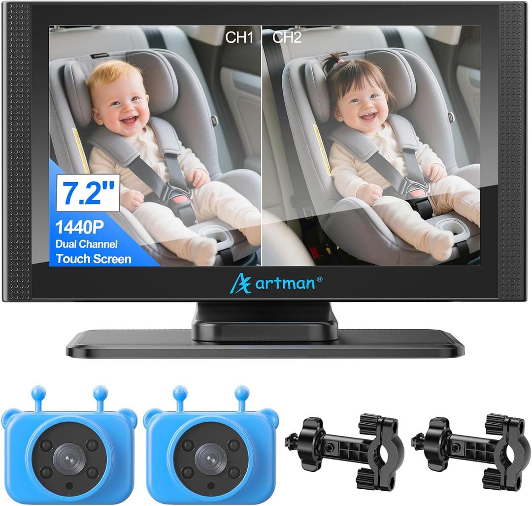 Artman Baby Car Camera for 2 Kids, IPS Touch Screen Baby Car Monitor with 7.2'' HD 1440P,Dual IR Night Vision Cameras, Easy No-Damage Install Ideal Car Seat Monitor for Parents and Pet Owners