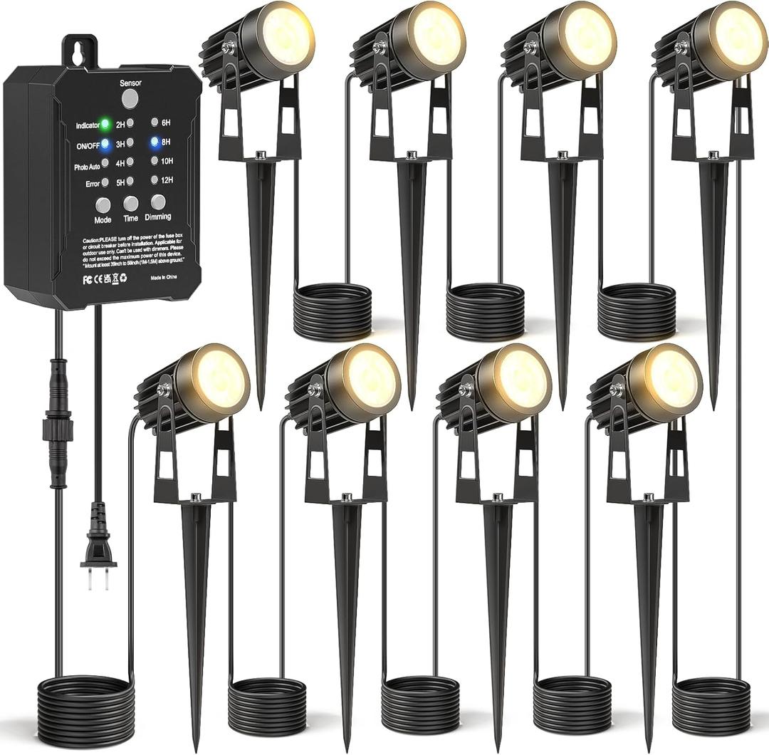 HIBOITEC Low Voltage Landscape Lighting with Transformer Photocell Sensor and Timer Spotlights Kit 68FT ETL Approved Wire Dimmable Waterproof 2700K for House Yard Trees Garden Plants Outdoor 8 Packs (Warm White)