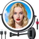 10'' 30X/1X Wall Mounted Lighted Makeup Mirror, 5000mAh Rechargeable Double-Sided Magnifying Mirror with Light, LED Vanity Mirror Touch Dimmable 3 Colors 360° Rotation Extended Foldable Arm, Black