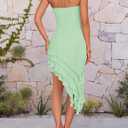 ZESICA Women's 2026 Summer Strapless Bodycon Tube Dress Sexy Off Shoulder Mesh Irregular Ruffle Backless Party Midi Dresses (Green, S)