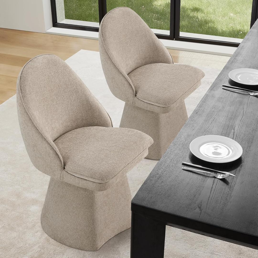 Swivel Dining Chairs Set of 2, Upholstered Mid Century Modern Deskchair with Round Back, Linen Fabric Kitchen Chairs for Dining Room, Bedroom, Dressing Room, Khaki