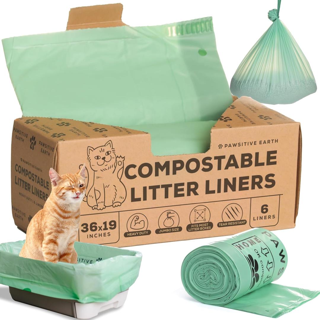 Cat Litter Box Liners 100% Compostable - Drawstring Close - 6 Count - Jumbo Size 36" x 19" - Tear & Leak Resistant - OK Compost Home Certified