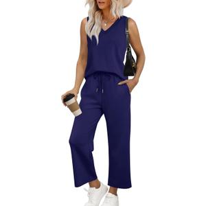 WIHOLL Two Piece Set for Women Summer Outfits Vacation Trendy Lounge Sets V Neck Matching Sets (Blue, S)