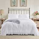 HIGI 3 Piece Pre-Washed Queen Off White Duvet Cover Set - 2 Layers Ruffle with Solid Color Design - Farmhouse Style Farmer House Comforter Cover Set with 4 Corner Ties - Zipper Closure (Hans)