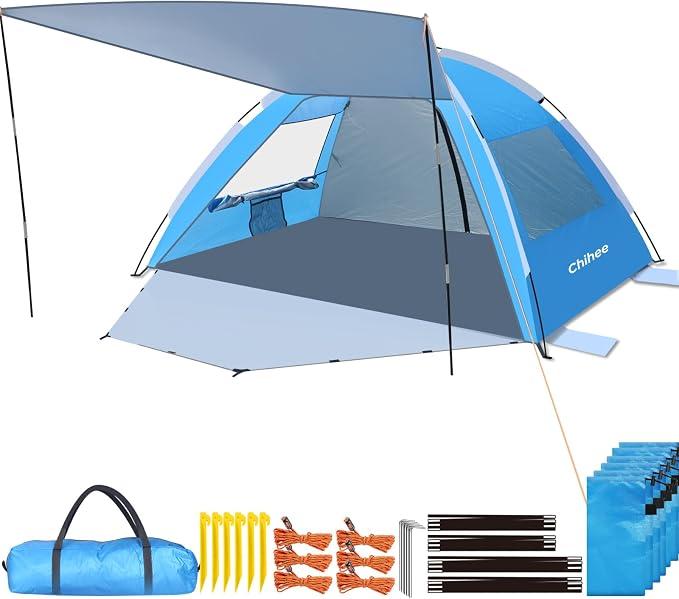 Chihee Beach Tent Camping Sun Shelter for 2-3 Person with UV Protection Silver-Coated Fabric Breathable Mesh Extra Sandbags Porch 2 Entrances,Lightweight Easy Setup Portable Beach Shade Canopy Cabana