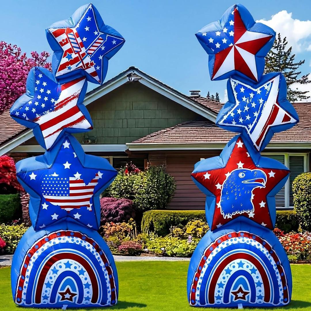 Fourluoo 2 Pcs 5.25 ft 4th of July Inflatable Star Outdoor Decoration Patriotic 250th Anniversary Light up Blow up Yard Decor Red White and Blue Inflatable Star for Memorial Day Party Garden Lawn Yard