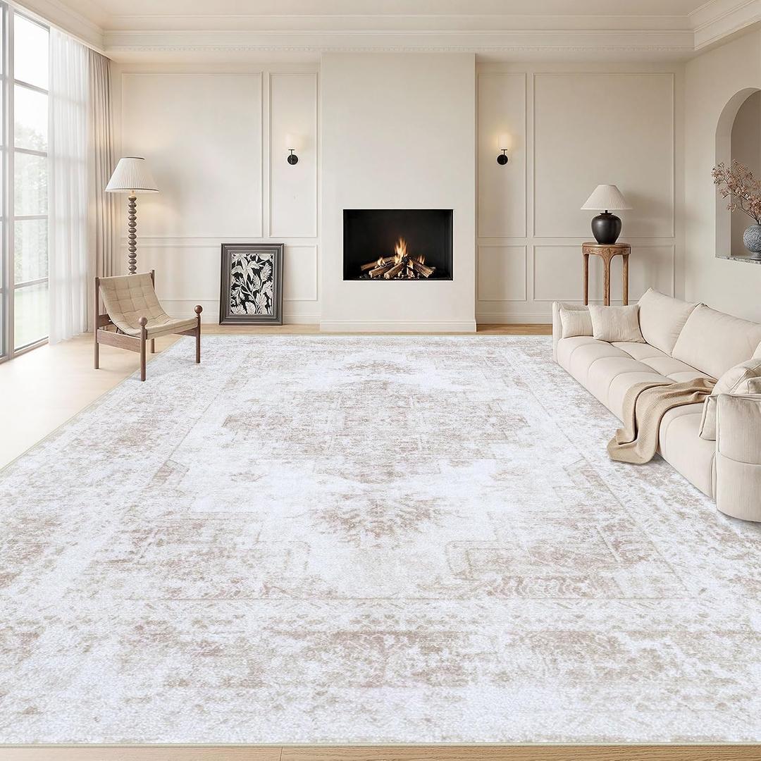 Area Rug 9x12 Living Room Rug, Machine Washable Vintage Distressed Medallion Rug Non-Slip Soft Low Pile Large Indoor Rugs for Bedroom Kitchen Dining Room Office(Beige,9'x12')