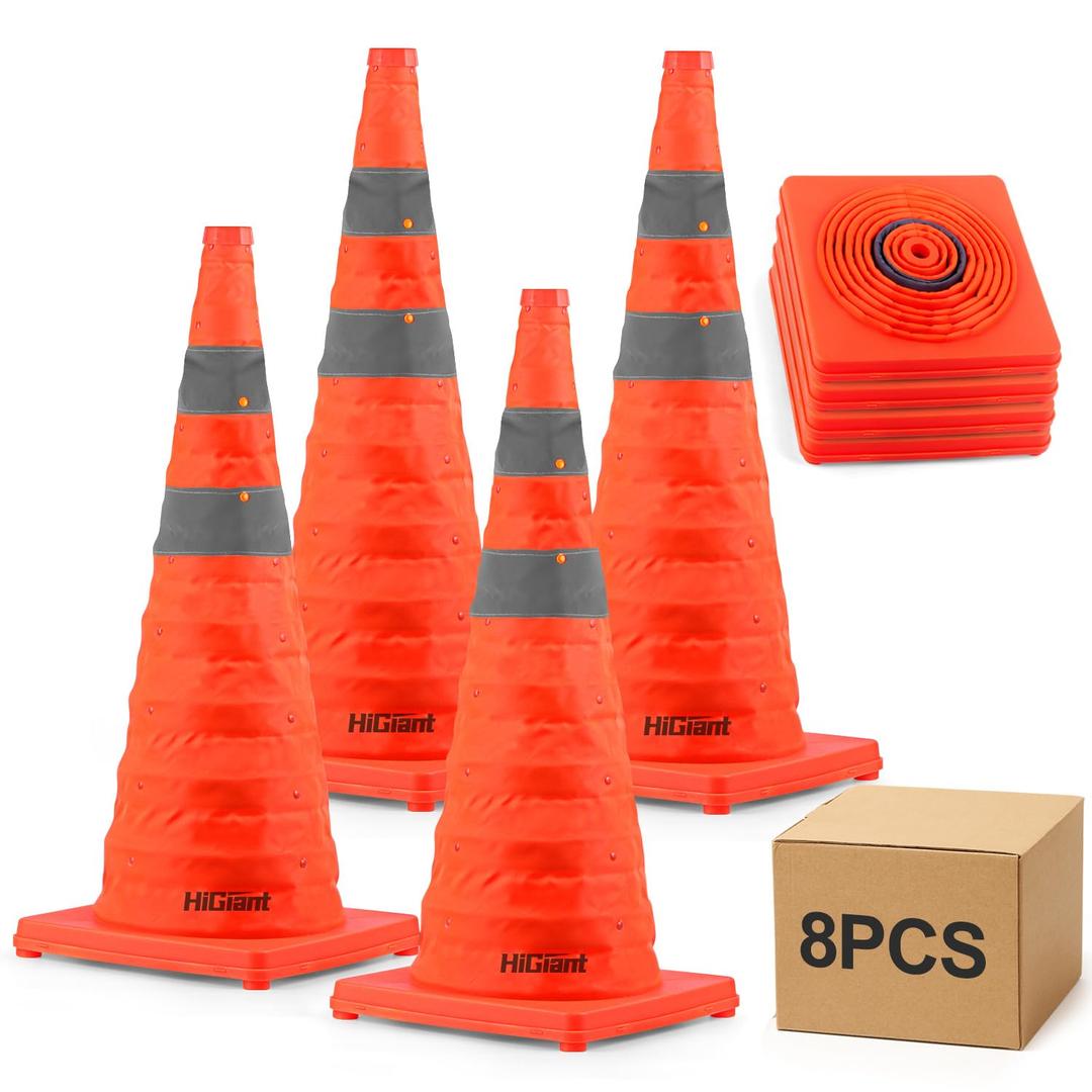 HiGiant 8 Pack 28" Collapsible Traffic Cones, Orange Cones | Folds Compactly; Quick Setup for Temporary Use; Reflective Strips Aid Visibility; Suits Driveways, RV Trips and Short Events.