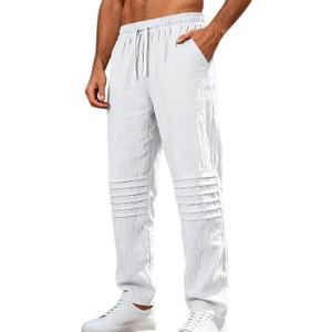 Mens Linen Pants Casual Beach Pants for Men Elastic Waist Drawstring Yoga Trousers with Pockets (White, XL)