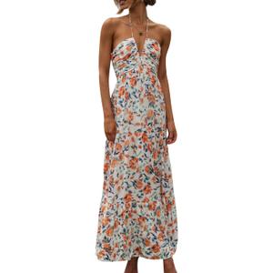 Women's Halter Neck Floral Maxi Dress 2024 Summer Boho Long Sundress Sexy Sleeveless Backless Flowy Ruffle Dress (Orange)