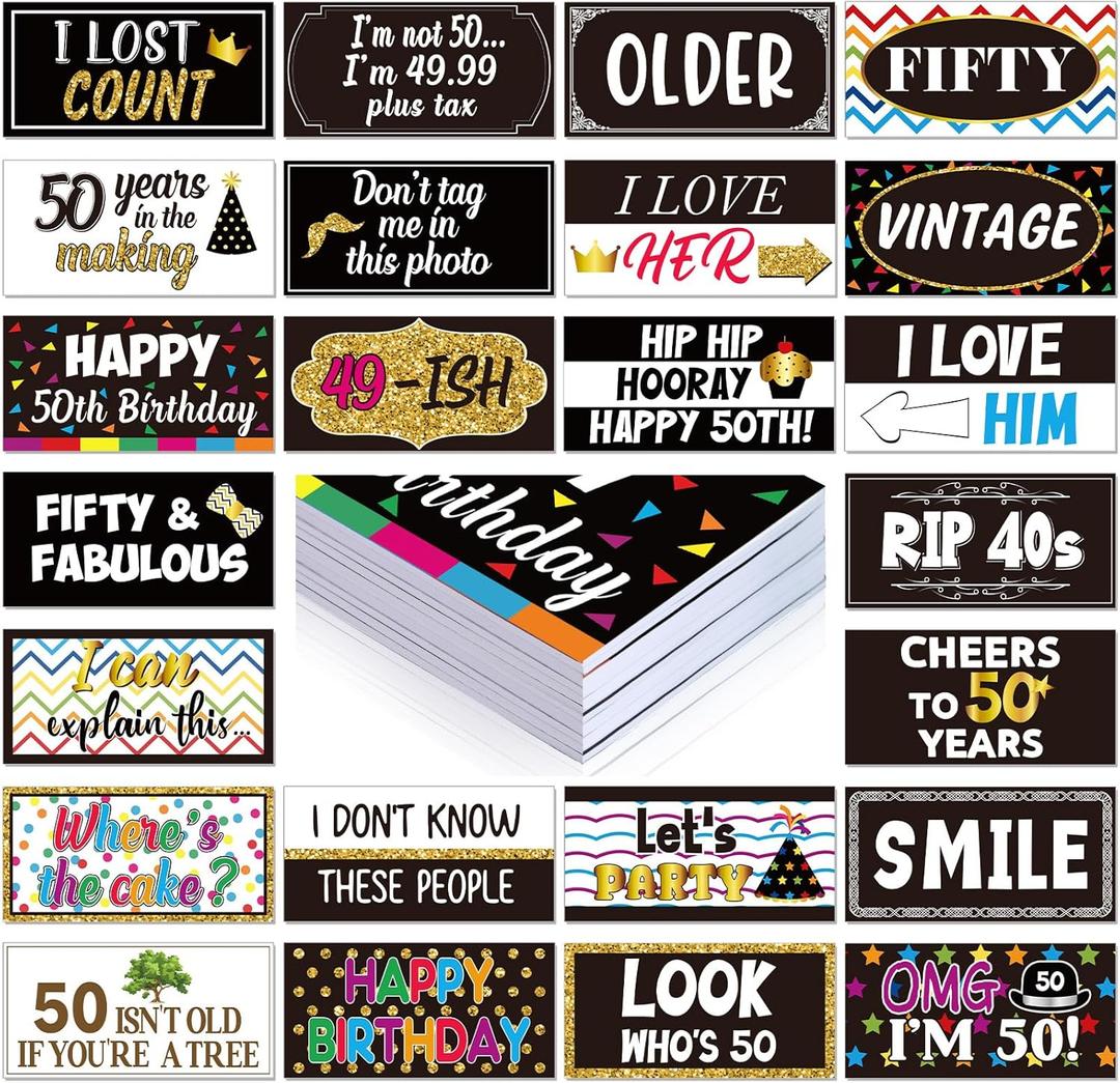 Beeveer 24 Designs 50th Birthday Photo Booth Props Double Sided 11x5.5 Inch Photo Booth Props 50th Bday Parties Decorations Pink Gold DIY Waterproof Selfie Signs PVC Printing 50th Party Favor Supplies