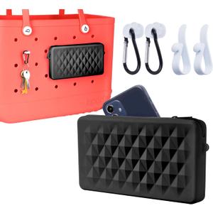 Phone Holder Pouch for Bogg Bag Accessories, Universal Silicone Phone Holder Compatible with Simple Modern Beach Tote L/XL and Fits Bogg Bag XL, Zipper Pouch with 4 Hooks Black