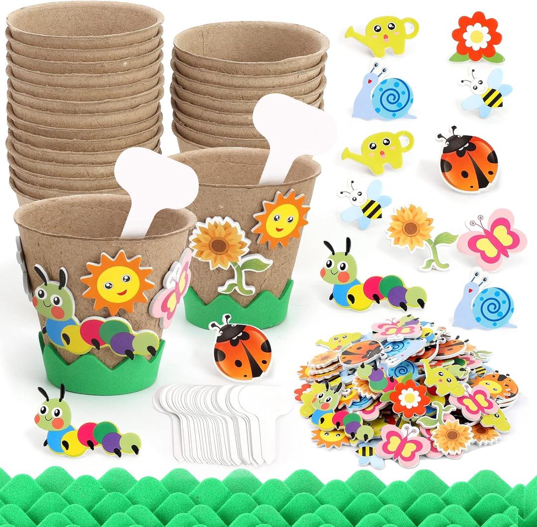 Ayfjovs Garden Paper Pot Craft Kit 30 Pack Flower Plant Spring Craft with 120 PCS Adhesive Foam Stickers and 30 PCS Plastic Plant Labels for Kids Science, Classroom Decoration (Round)