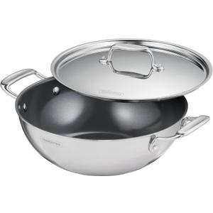Tramontina Utsava Tri-Ply Clad Stainless Steel 4-Quart Kadai with Lid and Ceramic Non Stick Interior, Induction-Ready Large Kadhai Pot for Indian Cooking
