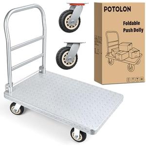 POTOLON Stainless Steel Platform Cart 1320 lbs Heavy Duty Flatbed Push Dolly with 5 Inch Rubber Wheels 36 x 24 Inch Platform Truck for Warehouse Industrial Use Black