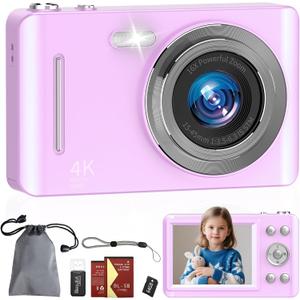 Digital Camera, 64MP UHD 4K Point and Shoot Kids Camera with 64GB Card, 2 Batteries, 16X Zoom Anti Shake Date Stamp, Compact Portable Small, Camera for Kids Starter Children Student Girl Boy, Purple