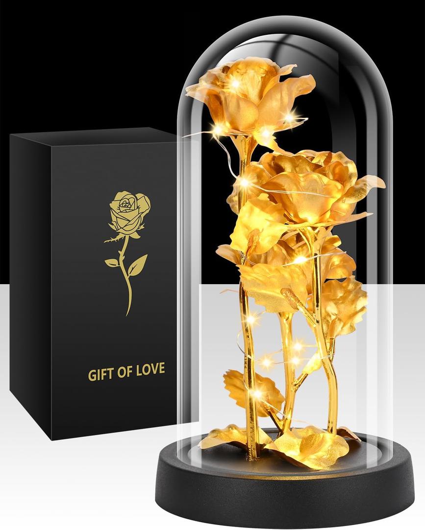 Glass Rose Flower for Women, Birthday Gifts for Women,Rose Flower Gifts for Mom, Red Light Up Rose in A Glass Dome,Rose Gifts for Mom Her Christmas, Anniversary, Wedding, Valentines (Gold)
