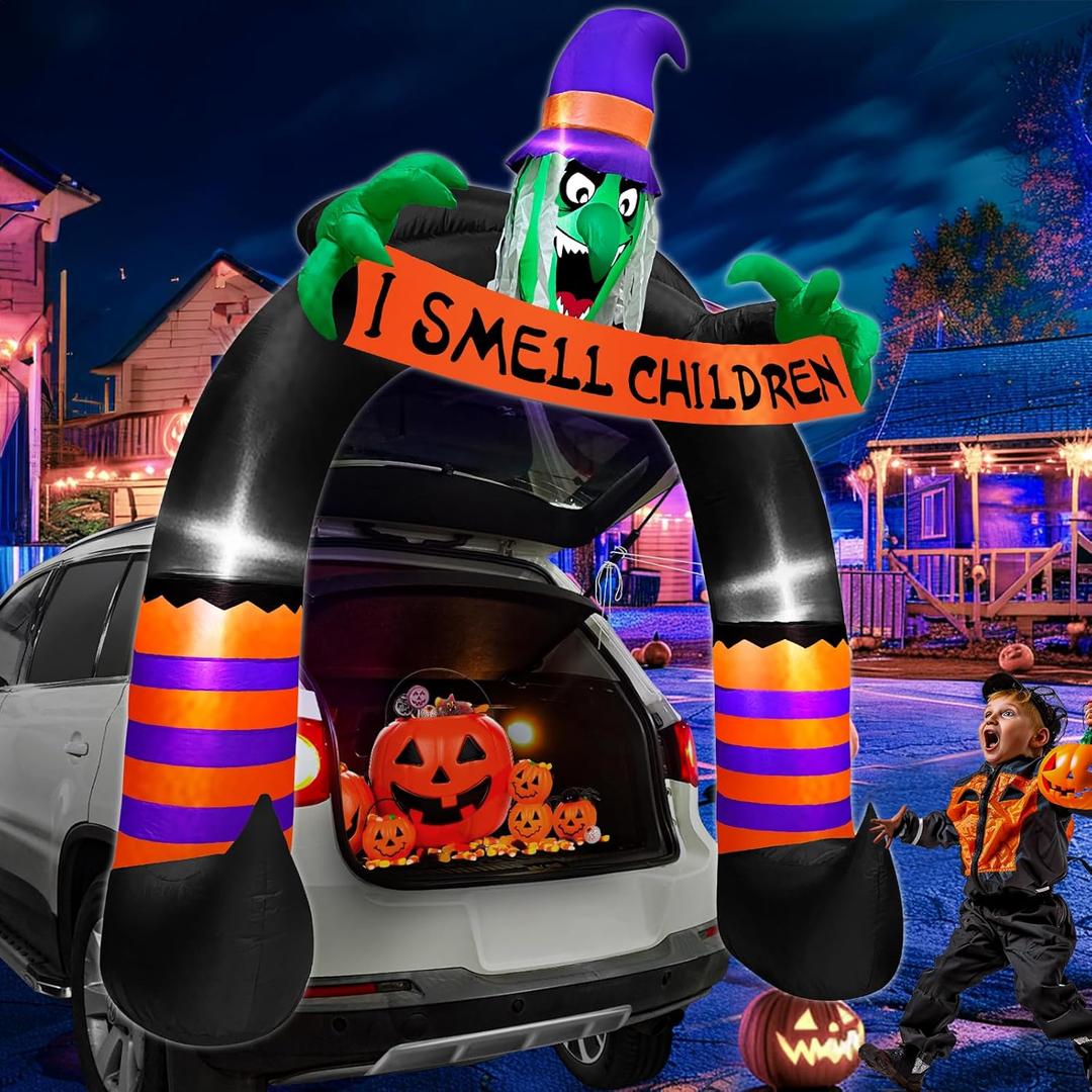 TURNMEON 6FT Halloween Inflatable Trunk or Treat Car Decoration Scary Witch Arch Holds Banner Build-in LED Blow up Car Decor SUV Halloween Outdoor Decorations Party Activities Lawn Yard
