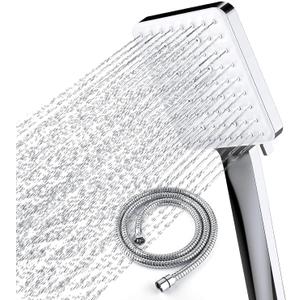 Newentor Handheld High Pressure 6 Spray Modes/Settings Detachable Chrome Finish Square Shower Head with Stainless Steel Hose and Multi-Angle Adjustable Shower Stand