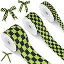 Cunno 3 Rolls Christmas Lime Green and Black Checkered Ribbon Grosgrain Printed Ribbon Racing Car Theme Printed Checkered Plaid Buffalo for DIY Crafts Wreath Party, 0.4, 0.87, 1.5 Inch Wide, 15 Yard
