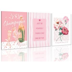 3Pcs Pink Preppy Canvas Wall Art, Funky Champagne Glasses Painting Picture Wall Decor, Trendy Aesthetic Pictures Poster Print Artwork, for Cute Teen Girls College Dorm Bedroom Apartment Home Decoration