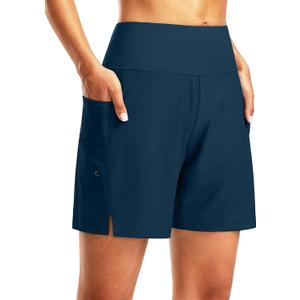 G Gradual Women's 7" Long Swim Board Shorts High Waisted Quick Dry Beach Swimming Shorts for Women with Liner Pockets(Dark Blue, 3XL)