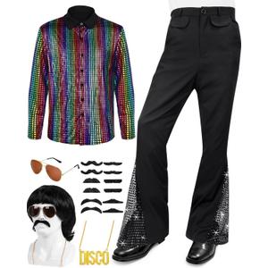 Mepase 70s Disco Outfit Costume Bell Bottom Pants Shirts Wigs Necklace Mustache Disco Party (S(height44-54 in), As Shown in Picture)
