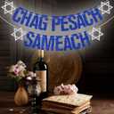 Chag Pesach Sameach Banner, Happy Passover Decorations, Egypt Festival Holiday Party Decoration Supplies, Jewish Pesach Festival Matzo Banner Blue & Silver Glitter