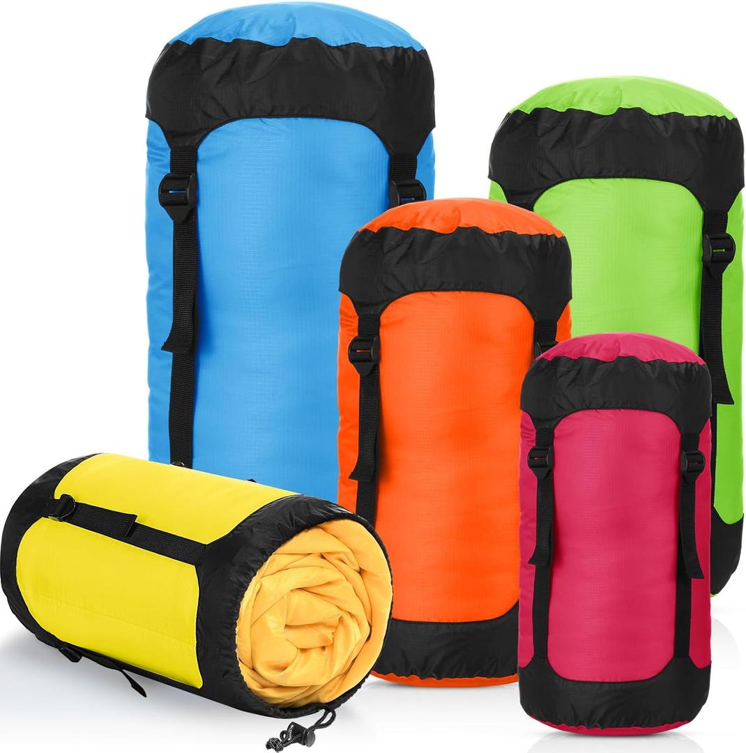 5 Pcs Compression Sacks for Backpacking 5L/10L/15L/20L/35L Camping Sleeping Bag Stuff Sack Water Resistant Sleeping Bag Storage Sack for Space Saving Hiking Gear (Bright Colors)