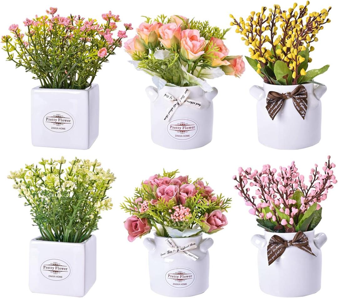 LUEUR 6Pcs Artificial Flowers with Ceramic Pot Fake Flower Arrangements Small Faux Spring Flowers in Vase Home Spring Decor, Centerpiece Table Decorations for Farmhouse Office Shelf Dining Table