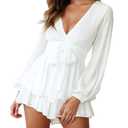 Bonkwa Women's Summer Deep V-Neck Floral Print Romper Long Baggy Sleeves Double Layer Ruffle Hem Short Jumpsuits with Belt