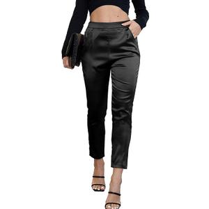 heipeiwa Women's Satin Pants Dress Casual Pleated Pull on High Waist Pants Baggy Front Tapered Trouser
, XL