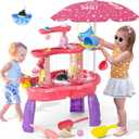 Water Table for Toddlers 3-5, 3-Tier Auto Water-Absorbing Kids Sand Water Table with Water Pump & Umbrella Splash Pond Toy, Sensory Play Table Toys for Outdoor Pool Beach Backyard Summer (Pink）