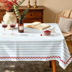 FYSUIMU Blue White Striped Tablecloth with Red Wavy Edge 60 x 104 Inch Rectangle Table Cover Fabric Table Cloth for Kitchen Dining Party Wedding Holiday Home Decor