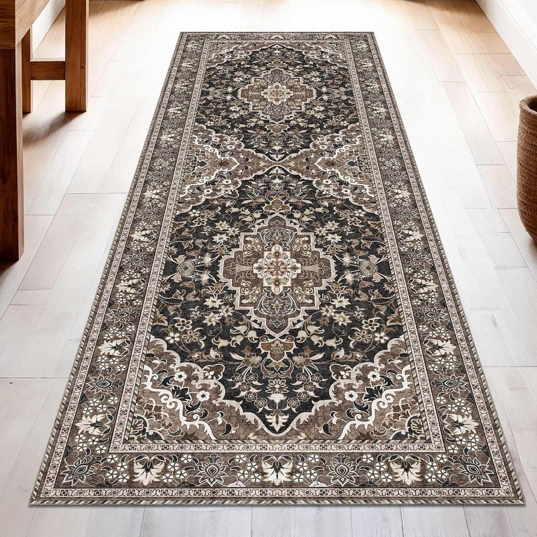 Washable Runner Rug 3x8 | Non Slip Rug Runners for Hallways, Entryways, Kitchens, Bathrooms, Bedrooms | Ultra-Soft Flannel Carpet Runners with Rubber Backing (Black Brown, 3x8)