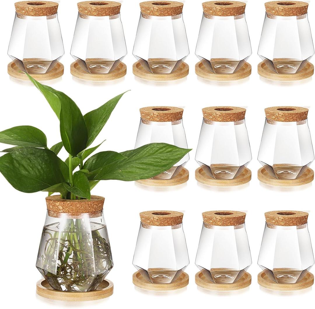 Baderke 12 Packs Propagation Vases for Plants Plastic Plant Propagation with Hole Lid and Bamboo Stand Growing in Water Hydroponic Home Office Desktop Vase Decoration (Cup Style)