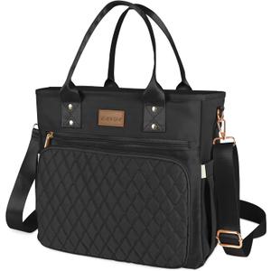 Large Insulated Lunch Bag for Work, Women's Nylon Thermal Lunch Box, Leakproof Cooler Tote Bag with Storage Pocket (Black)