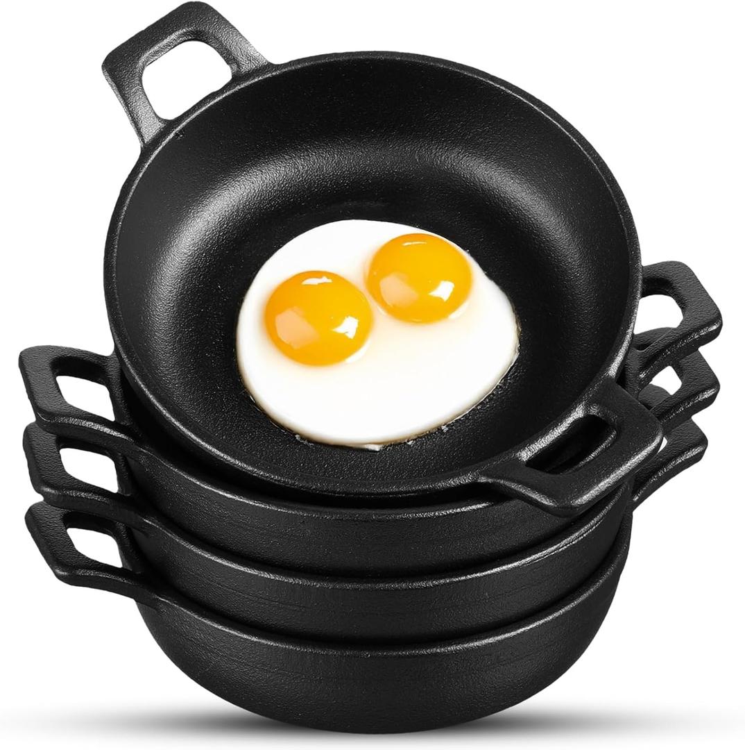 4 Pack Mini Cast Iron Skillets 5 x 5 x 1.3 Inch Cast Iron Pan Small Skillets Cookware Set Black Casserole Dish Mini Ramekin Oven Safe for Indoor Outdoor Baking Roasting Cooking Grilling Picnic