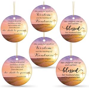 Syhood 6 Pcs Religious Christmas Ornaments Bulk Ceramic Pink Inspirational Christian Hanging Ornament Double Sided Printed Church Gifts Mother Gifts for Women Church Members, 3 Styles