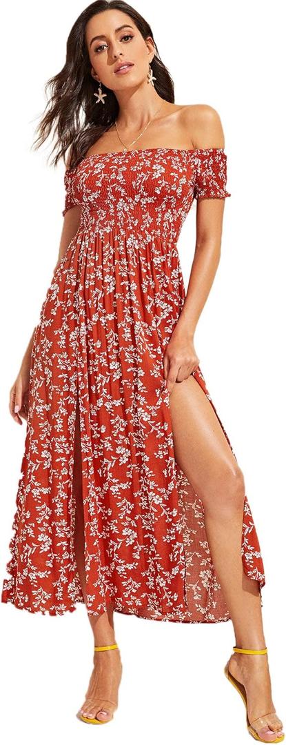 Floerns Women's Boho Floral Print Off Shoulder Split Long A Line Dress (X-Small, Red/White)