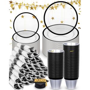 BESTVIP 350Pcs Clear Black Plastic Plates for Party, Disposable Dinnerware Set for 50 Guests, 100 Plastic Plates, 50 Cups, 50 Pre-Rolled Napkins with Cutlery for Graduation Party, Wedding, Halloween