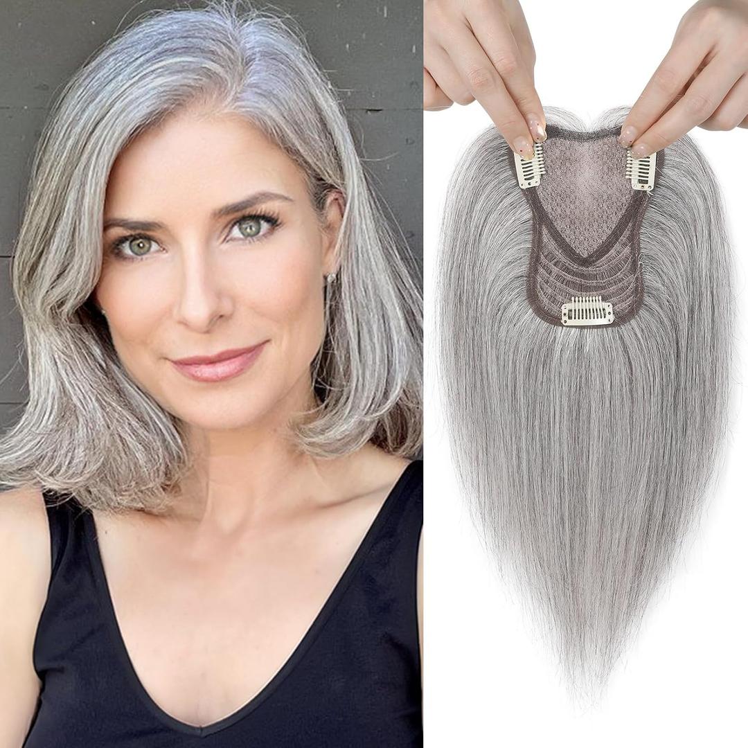 REECHO Real Human Hair Topper, 10" Women Hair Toppers for Thinning Hair, 100 Percent Human Hair Large Coverage Natural Hairpiece Wiglet, Swiss Base 4.5"x3.5", Light Grey (4.5"x3.5", Grey)