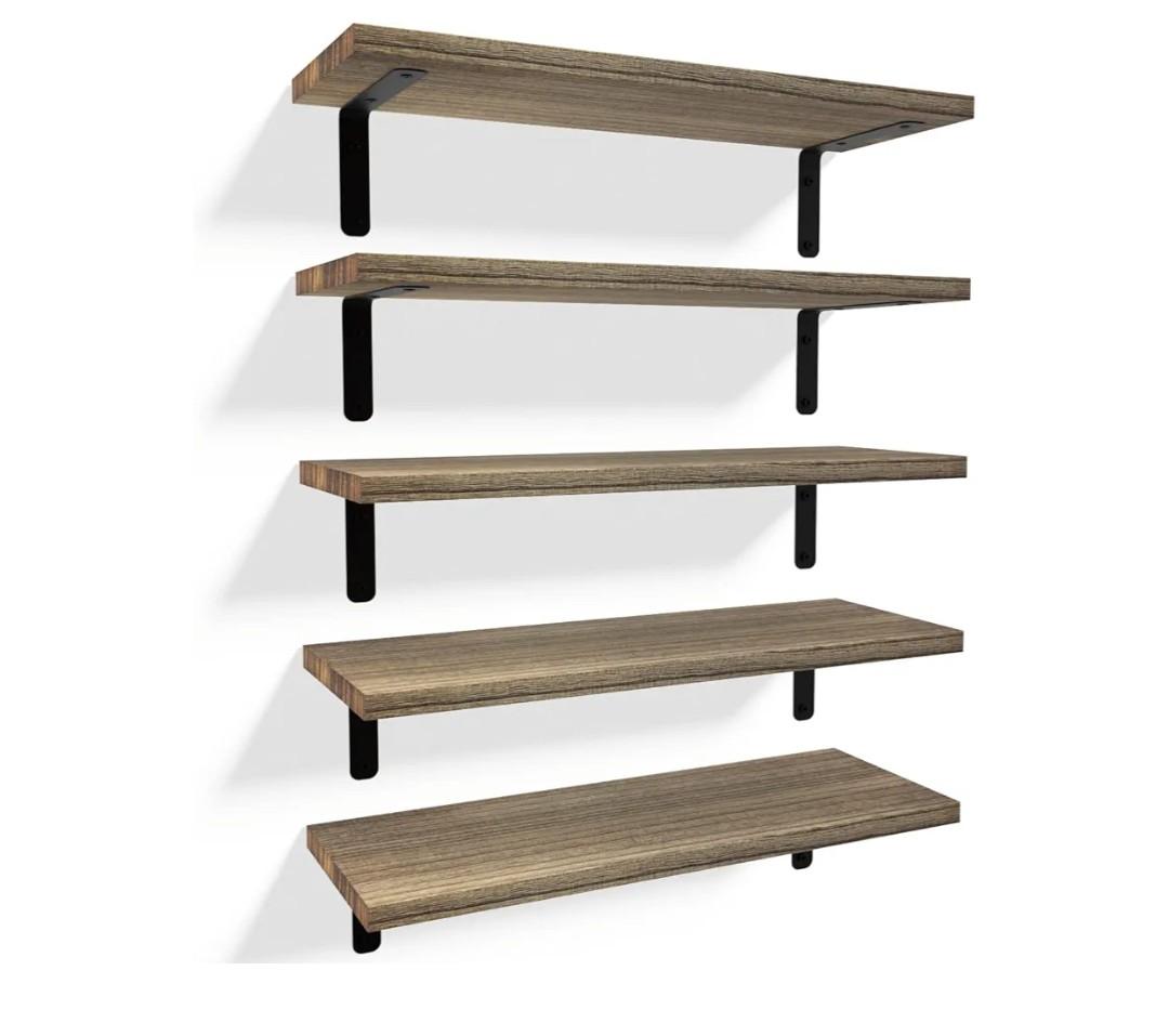 RICHER HOUSE Rustic Wood Shelves Set of 5, Farmhouse Style Floating Shelf for Wall Décor, Hanging Shelves for Bathroom, Bedroom, Storage, Kitchen, Living Room - Carbonized Black