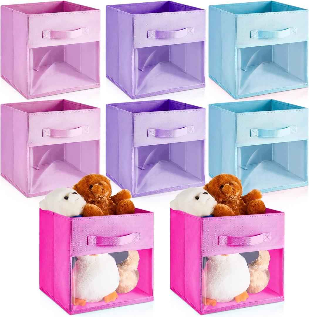 Marsui 8 Pcs Cube Storage Bins with Clear Window 11'' Daycare Storage Cube Organizer Bins for Closet Kid Nursery Playroom with Handle Fabric Collapsible Storage Cubes (Blue, Purple, Rose, Pink)