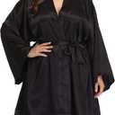 Womens Plus Size Silky Satin Kimono Robes Wedding Party Bridesmaid Sleepwear Bathrobe Dressing Gown (3X, Black)