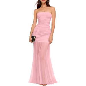 LAGSHIAN Women's Elegant Wedding Guest Maxi Dress Sleeveless Tube Ruched Mesh Evening Long Dresses, S